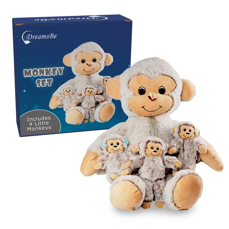 Dreamsbe Monkey Stuffed Animal With 3 Baby Monkeys For Boys & Girls - Plush Monkey Stuffie With Zippered Pocket For Babies - Monkey Gift For Kids Ages 3 4 5 6 7 8 9 Years