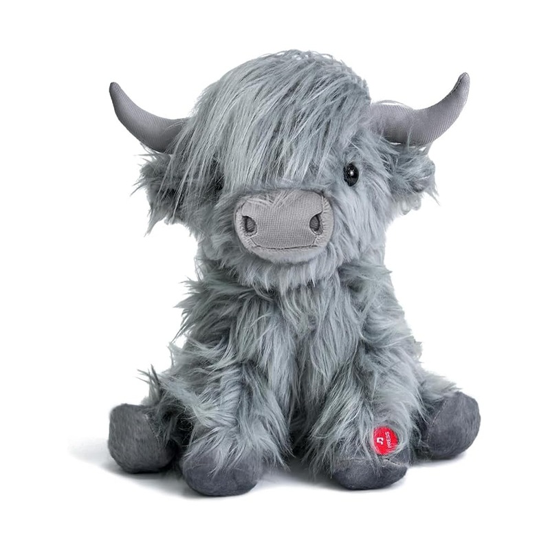 Tonpect Highland Cow Plush With Mooing Sound, 10 Inch, Cuddly Farm Toy For Boys Girls Gift Decoration(Grey)