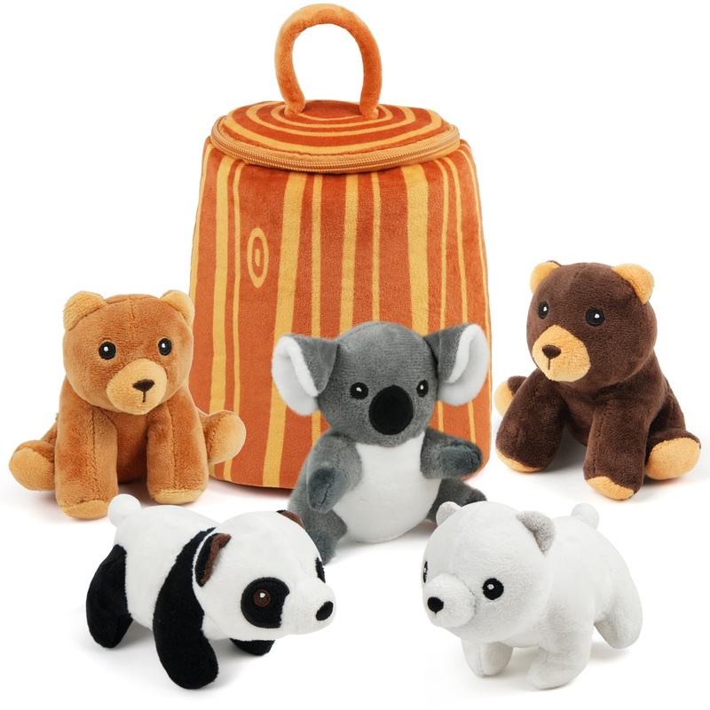 Benben Stuffed Animals, 5 Small Forest Animals With Tree Stump Carrier Set, Plush Toy For Kids Toddlers, Bears, Panda, Koala, Polar Bear Plushies Gift For Baby Shower, Stocking Stuffers