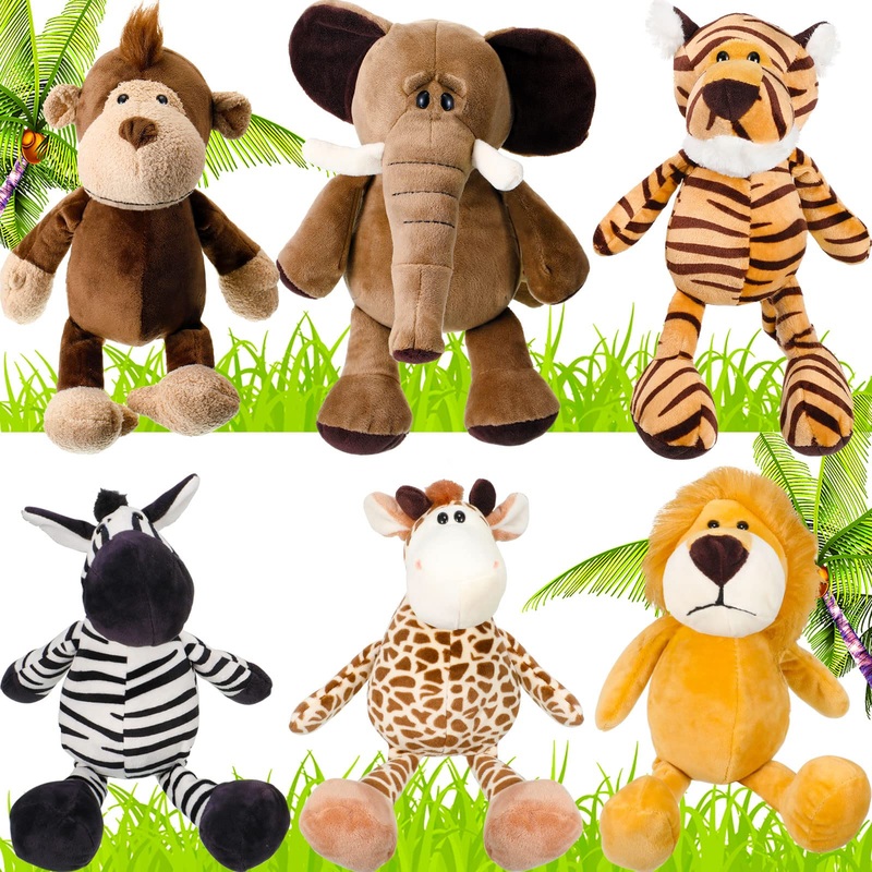 6 Pieces Safari Stuffed Animals Plush Jungle Animal Toys Set For Boys Girls, Lion Elephant Zebra Giraffe Tiger Monkey For Animal Themed Parties Student Award Christmas (Cute Style)