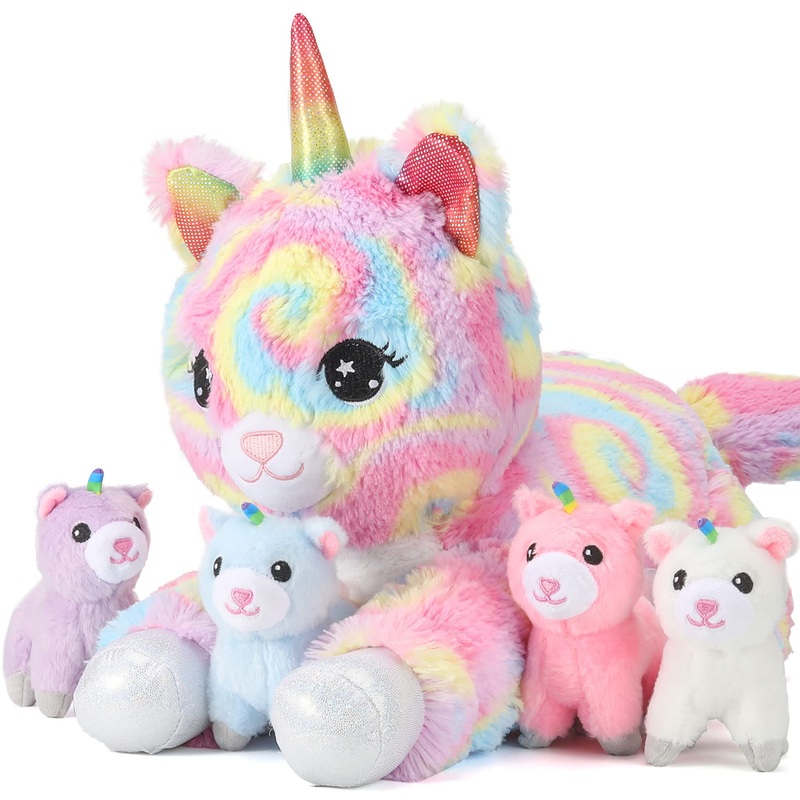 22Inch Unicorn Stuffed Animals Cat Plush For Girls, Momma Cat Plushie With 4Pcs Baby Kitty Toys, 5 In 1 Surprise Gifts Playset
