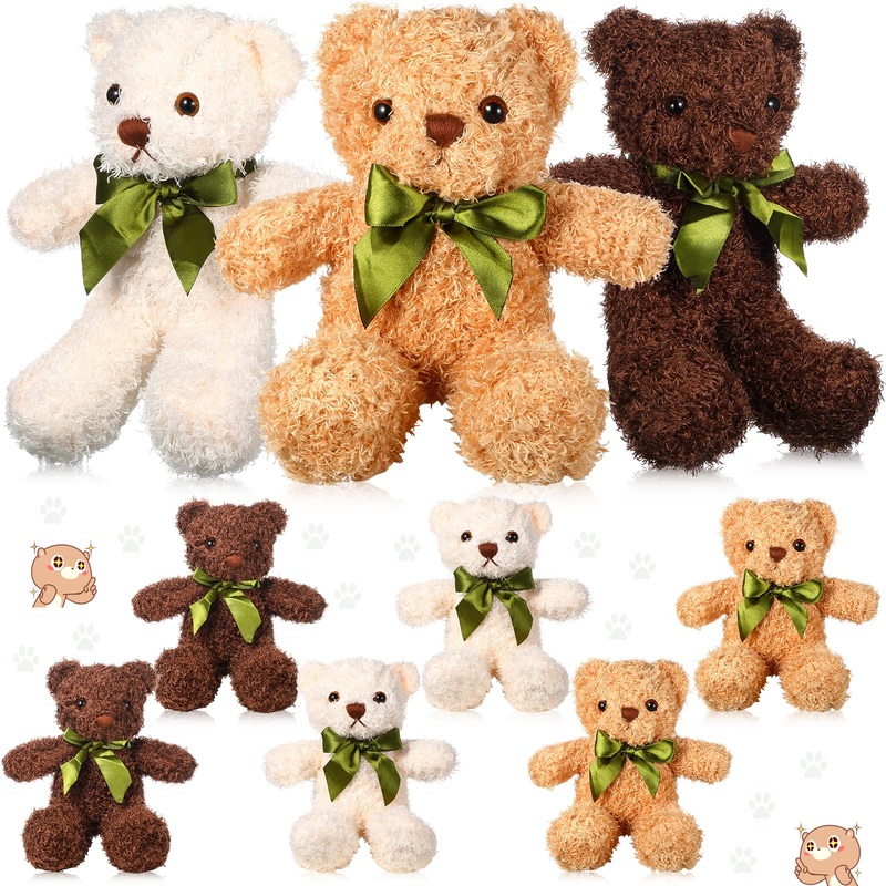 9 Pieces Cute Bear Stuffed Animals 10 Inch Soft Plush Stuffed Bears Toy ValentineS Day Gift Bulk With Bow Tie Kids Boys Girls Graduation Baby Shower Birthday Party Gift(Dark Brown, Golden, White)