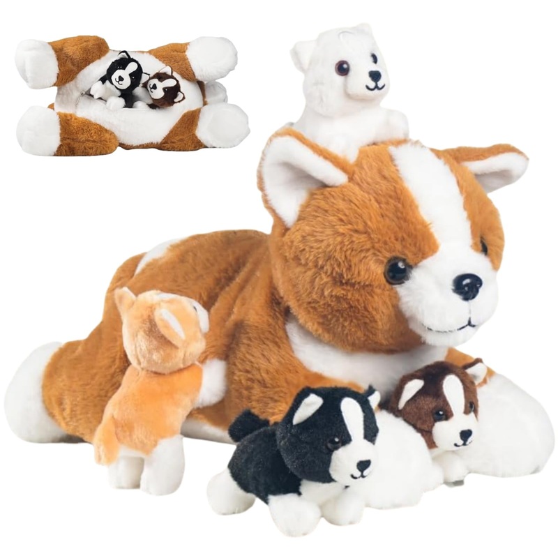 Youthfuljive 5 Pcs Corgi Stuffed Animal With 4 Babies Puppy Inside Big Mommy Dog Stuffed Animals In Zippered Belly, Cute Stuffed