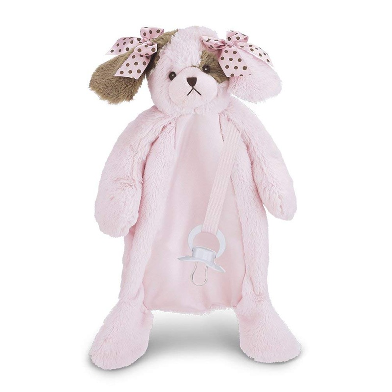 Bearington Baby Wiggles Pacifier Pet, Pink Puppy Plush Stuffed Animal Lovie And Paci Holder, 15'