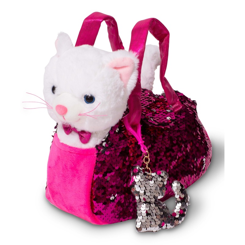 Stuffed Cat Plush Pet Carrier Set With Pink Purse W/ Reversible Sequins & Charm - Cat Stuffed Animals - White Cat Stuffed Animal