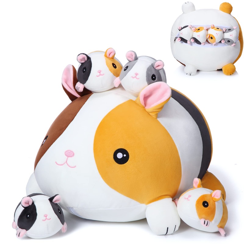 Threan 5 Pieces Guinea Pig Stuffed Animals 14 Inch Mommy Guinea Pig Plush With 4 Cute Baby Soft Toy Set Birthday Gift For Friends Boys Girls Party Supplies