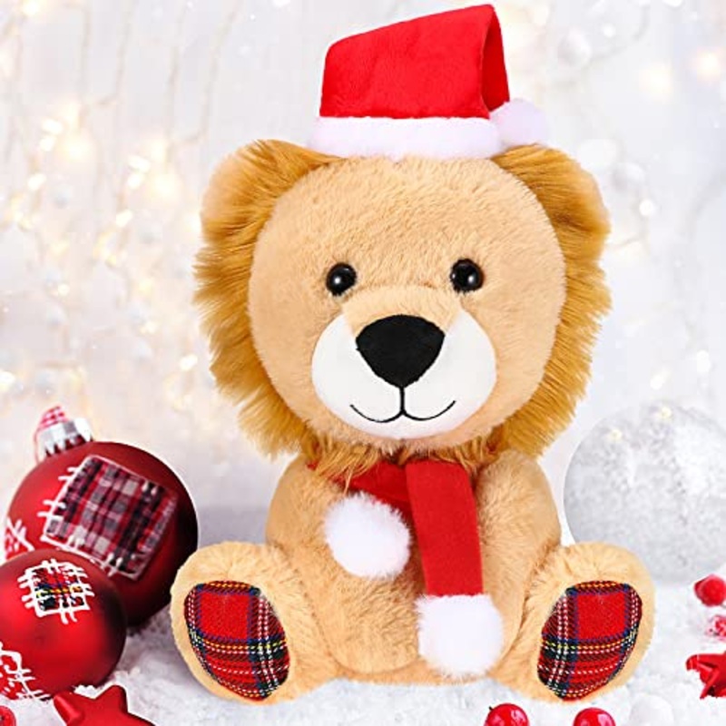 Threan 8 Inch Christmas Stuffed Animal Christmas Plush Doll With Santa Hat For Holiday Decoration Winter Gifts(Lion Style)