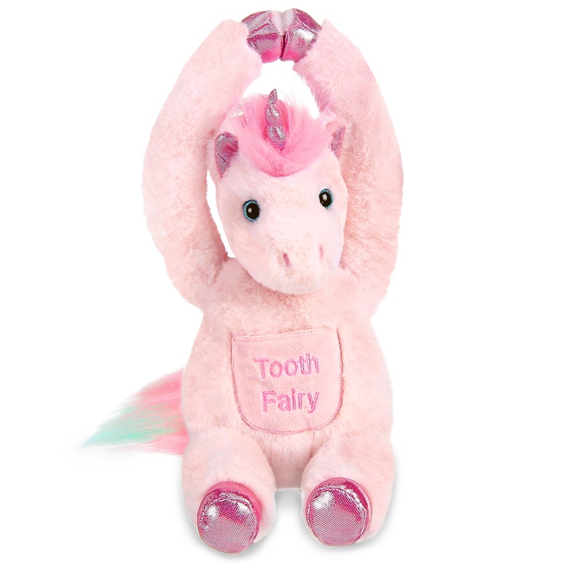 Bearington 12 Inch Tooth Fairy Door Hanger Stuffed Animal, Lil' Shimmers Unicorn Tooth Holder, Tooth Fairy Doll With Tooth Pocket Pouch