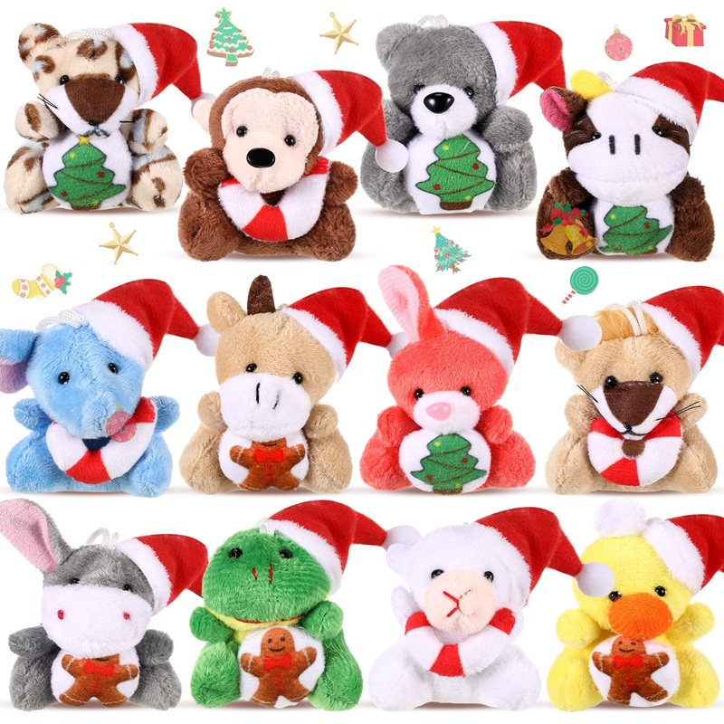 Blueweenly 12 Pcs Mini Christmas Stuffed Animal Plush Toys Christmas Plush Keychain With Santa Hat Tiny Xmas Plush Doll Ornaments Christmas Tree Decor For Party Favors Classroom Prize Stocking Fillers