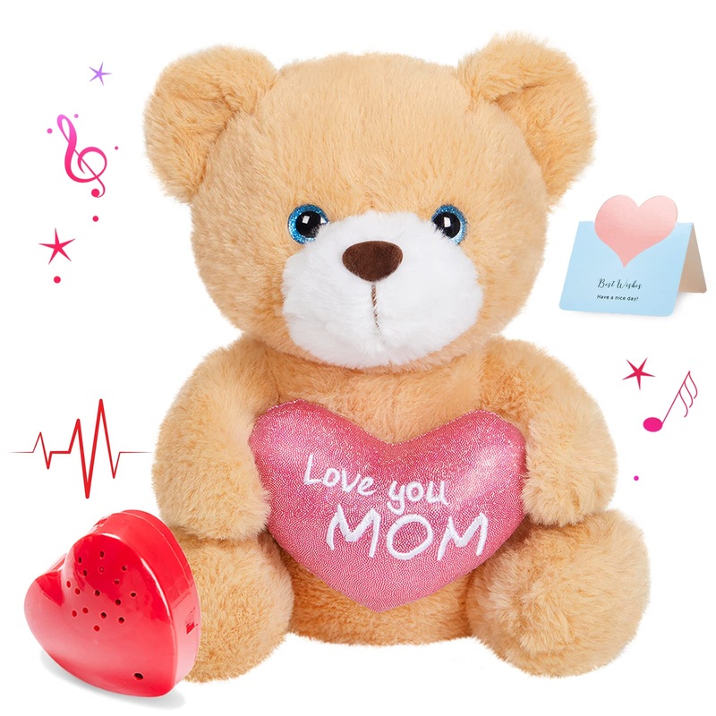 Cozyworld 10' Recordable Heartbeat Bear Stuffed Animals Love You Mom With Voice Sweet Messages Recorder Soft Plush Toy Playback Your Words Gifts For Mother'S Day Mom