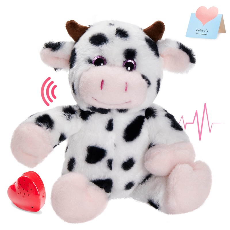 Cozyworld 12.5' Heartbeat Diary Cow Recordable Stuffed Animals Voice Sweet Messages Recorder Soft Plush Toy Playback Your Words Birthday Gifts For Toddler Kids