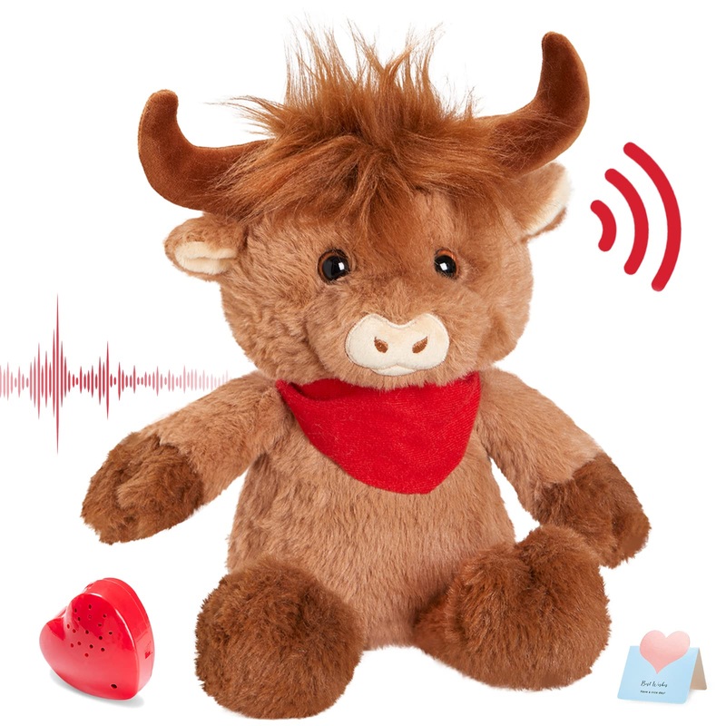 Cozyworld 12.5' Heartbeat Highland Cow Recordable Stuffed Animals Voice Sweet Messages Recorder Soft Plush Toy Playback Your Words Birthday Gifts For Toddler Kids