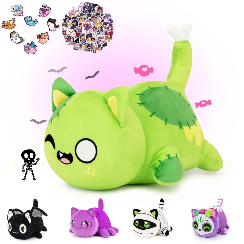69-Pcs ? 11-Inches Luminous Cat Plush + 60-Sticker + 8-Pcs Shoe Charms - Ghost Cat Collection - 100% Embroidered Plushie - Cat S