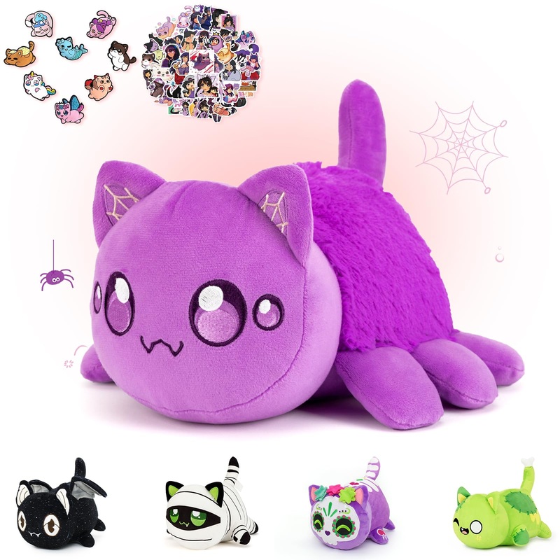 69-Pcs ? 11-Inches Spider Cat Plush + 60-Sticker + 8-Pcs Shoe Charms - Ghost Cat Collection - 100% Embroidered Plushie - Cat Stu