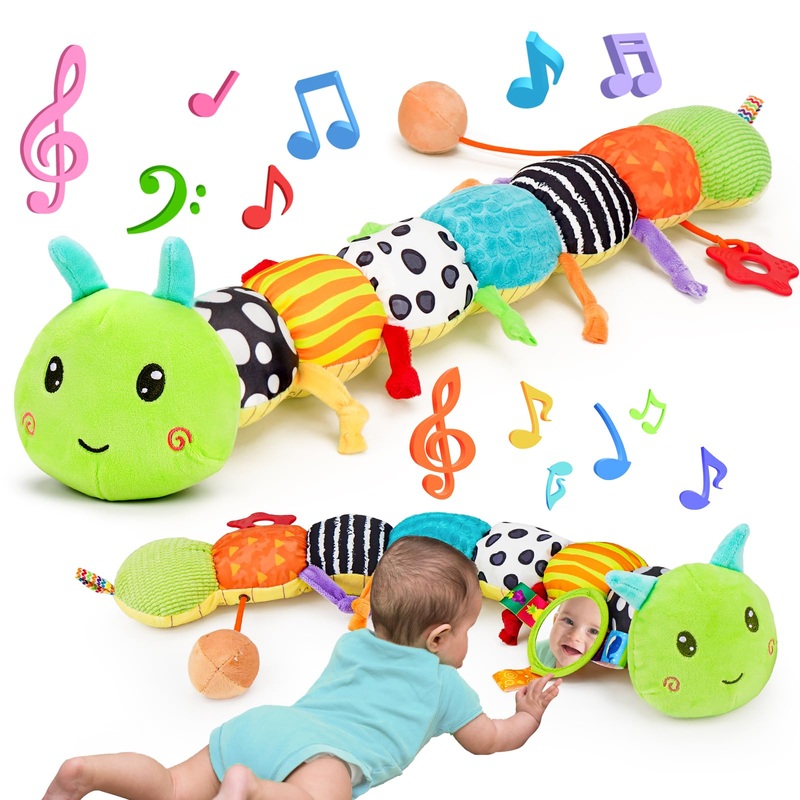 Baby Sensory Toy 0-6 Month Music Animal Stuffed Plush Caterpillar Toy For Infant 0-3-6 Month Tummy Time With Baby Mirror Crinkle