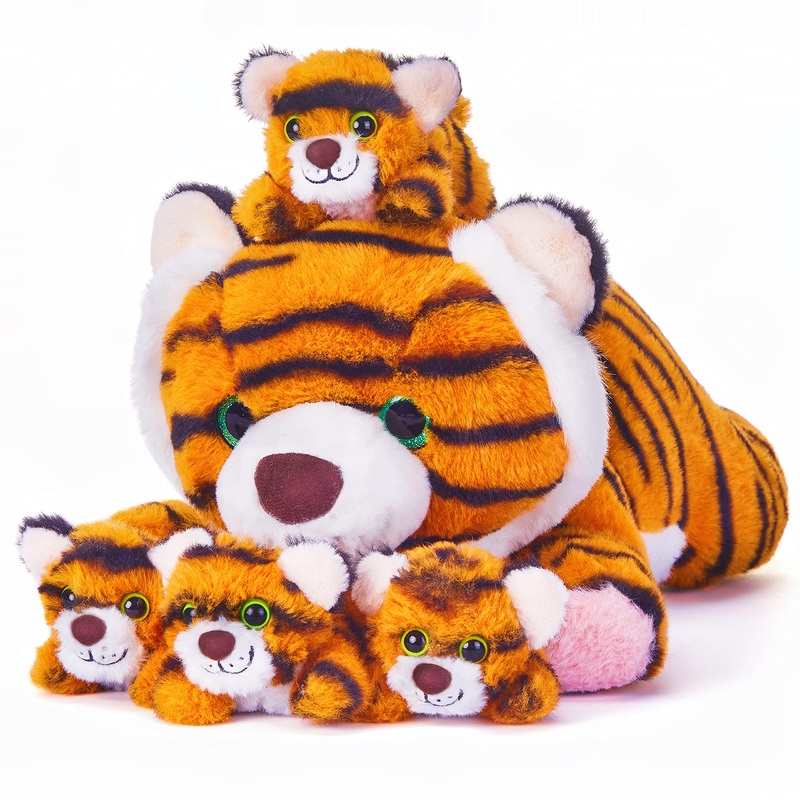 Earthsound Tiger Mom And Baby Stuffed Animal Mommy Plush Toy,16   Cute Small Mama Soft Toy With Mini Little Babies,Family Set Gi