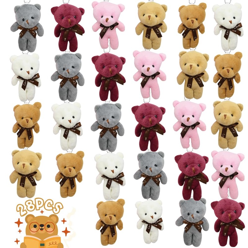 Lukbera 28Packs Mini Stuffed Teddy Bear Set, Small Animal Plush Toys Key Chains For Kids Easter Egg Hunt Easter Basket Stuffers