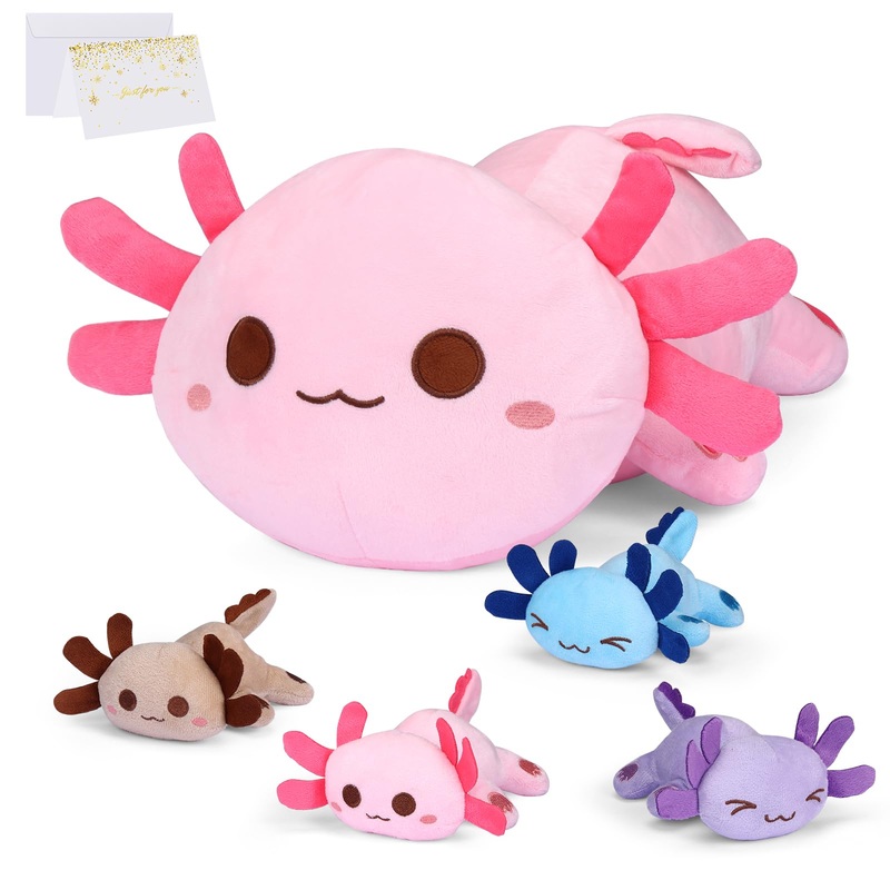 5 Pieces Axolotl Stuffed Animals For Girls, 1 Big Pink Mommy Axolotl With 4 Mini Babies, Soft Plush Toys For Kids Ages 3 And Up,