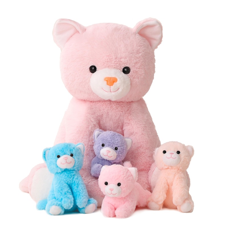 5 Pieces Cat Stuffed Animals For Girls,1 Mommy Cat With 4 Babies,Plush Stuffed Cat Toys Gifts For Kids 3 4 5 6 7 8 9 Years,Soft