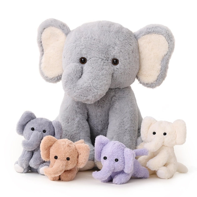 5 Pieces Elephant Stuffed Animals For Girls,1 Mommy Elephant With 4 Babies,Plush Elephant Stuffed Toy Gifts For Kids 3 4 5 6 7 8