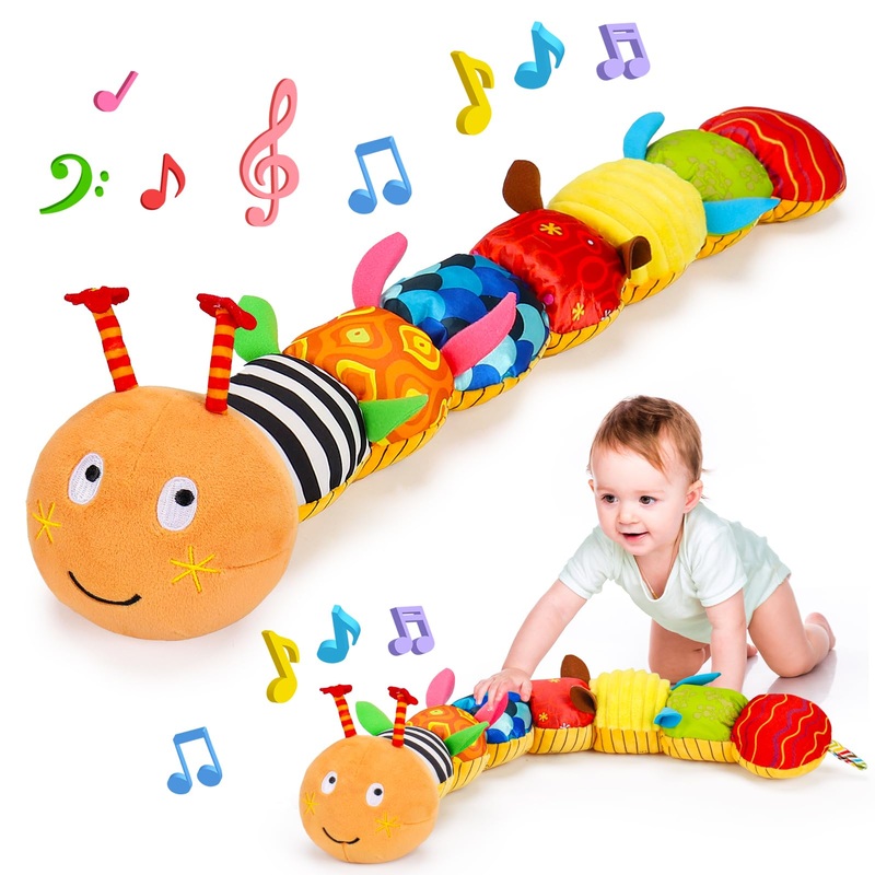 Baby Sensory Caterpillar Toys 0-3 Month Music Animal Stuffed Plush Toy For Infant 0-3-6-12 Month Tummy Time With Crinkle Rattle