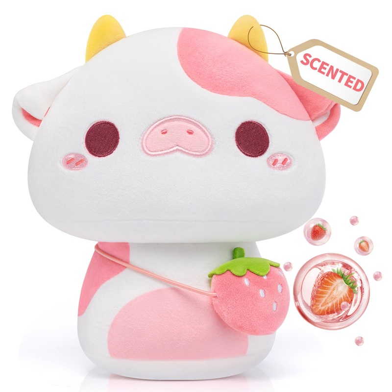 Caaaat Scented Stuffed Animal, Cute Strawberry Cow Scented Plush With 2 Sweet Strawberry Scented Microbeads, Squishy Plushies Hu