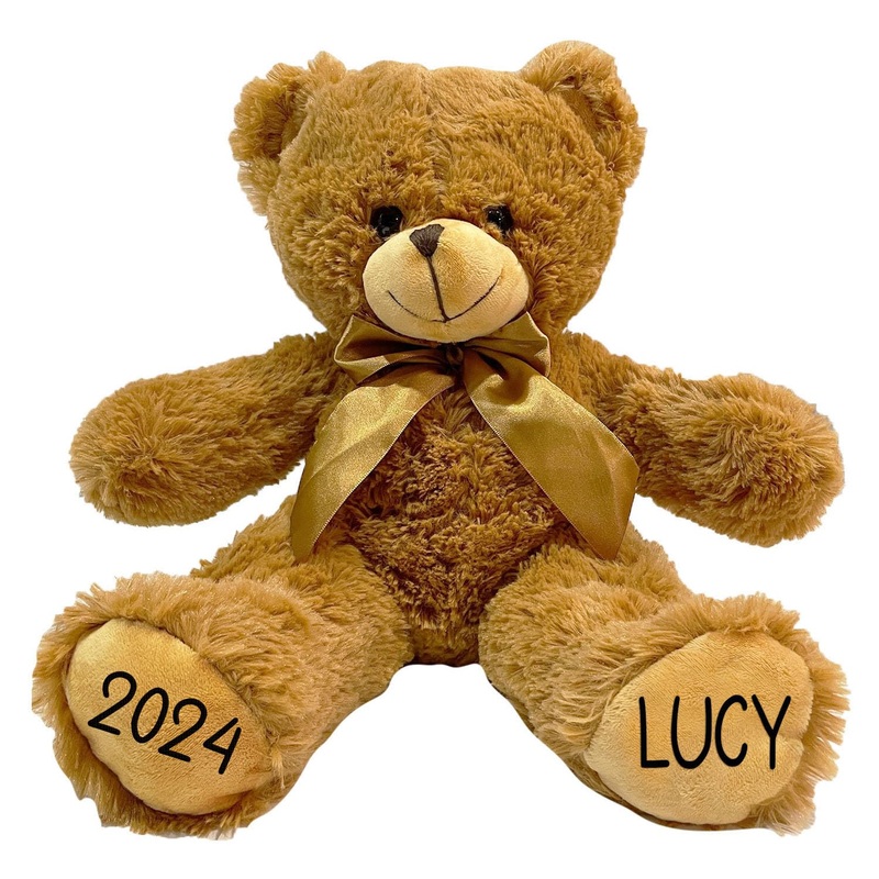 Personalized Stuffed Teddy Bear Gift For Her, Him, 16 Inch - Cute Custom Brown Bear With Your Name And Year On The Feet