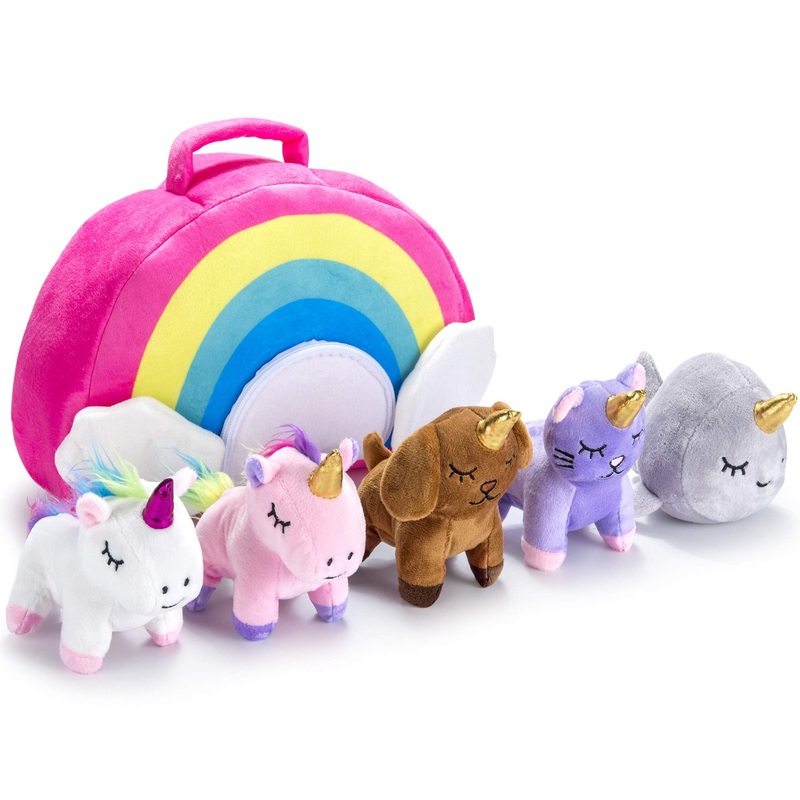 Stuffed Toy Unicorn Animal Set - Set Of 5 Stuff Toys For Toddlers - With Rainbow Carry Bag - 2 Unicorns, Kitty, Puppy, And Narwh