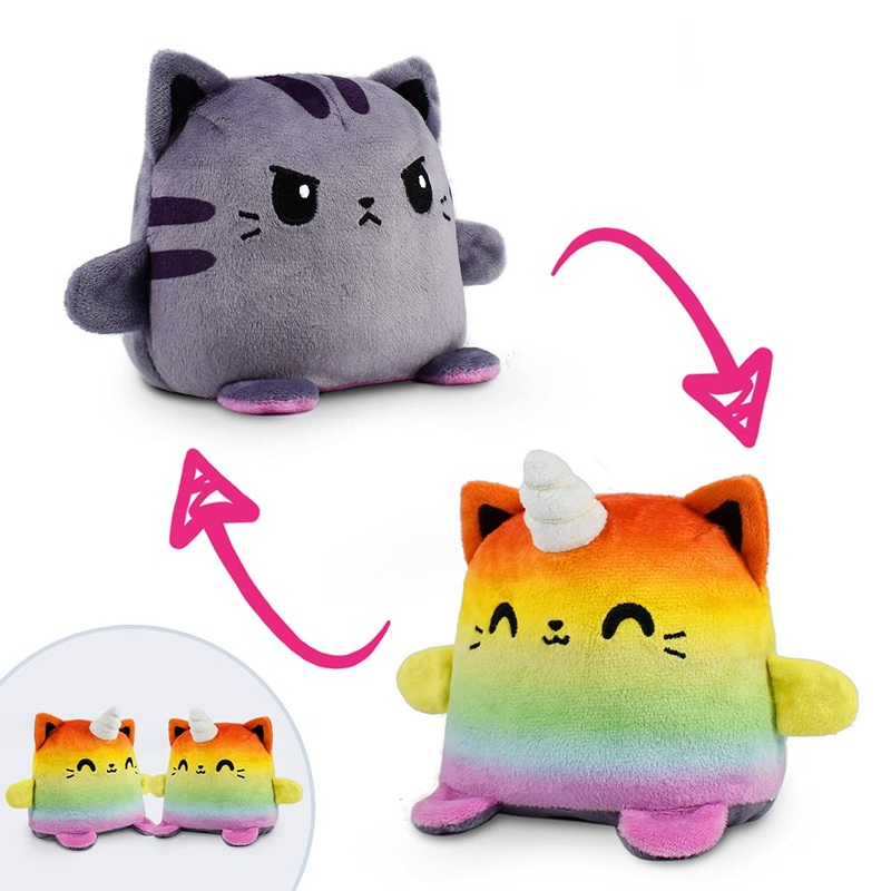 Teeturtle | Plushmates | Cat + Kittencorn | Rainbow + Gray | Happy + Angry | The Reversible Plush That Hold Hands! 5 Inch