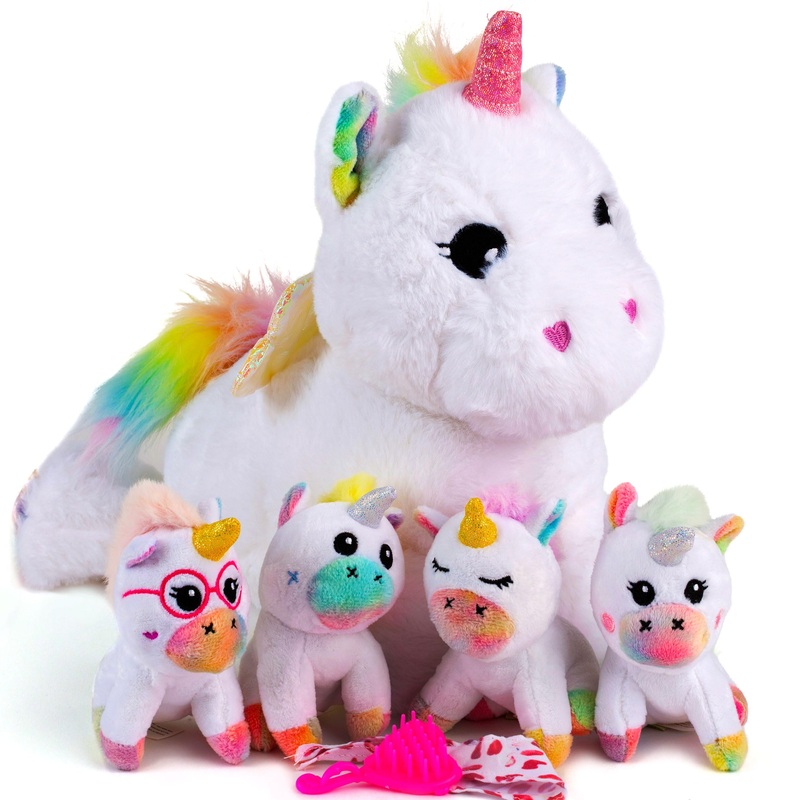 Tumtotz Rainbow Unicorn Stuffed Animals For Girls, Unicorn Gifts For Girls Age 3 4 5 6 7 8 - Plush Mommy Unicorn With 4 Small Ba