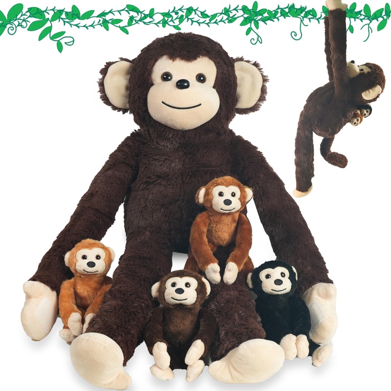 Xyhqyb Monkey Stuffed Animals With Babies Inside, 5 Piece Set Of Mommy And Baby Monkeys Plush In Zippered Pouch, Nurturing Stuff