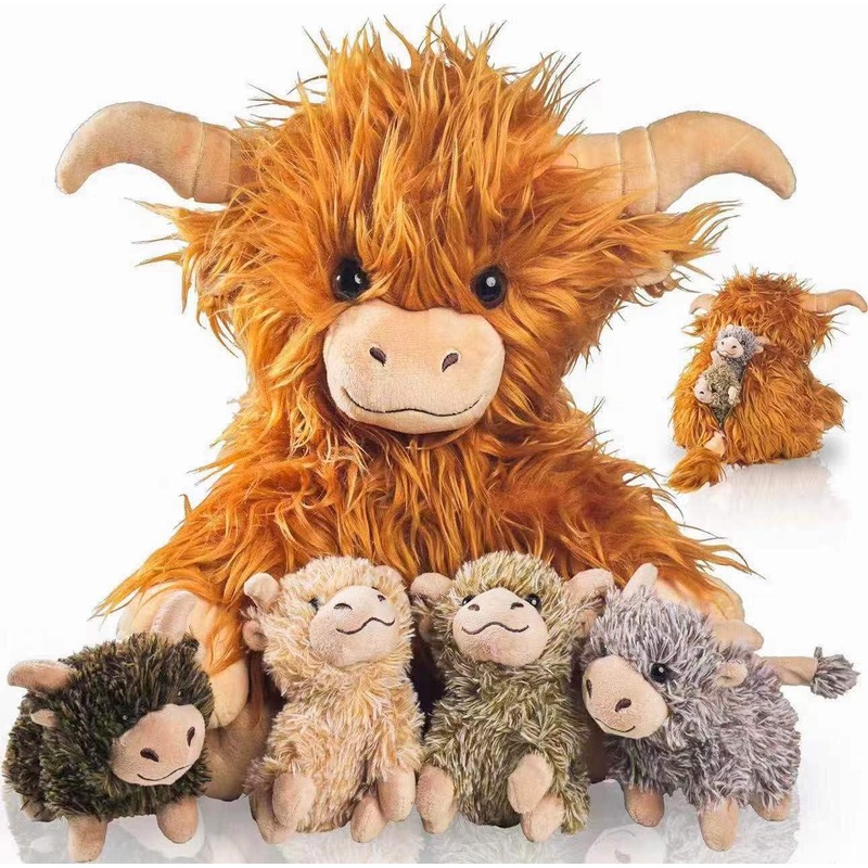 Youthfuljive 5 Pcs Highland Cow Stuffed Animals With Babies Inside 14'' Scottish Stuffed Highland Cow Plush Toy Set Mommy And 4