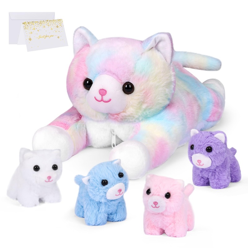 5 Pieces Cat Stuffed Animals For Girls, 1 Big Colorful Mommy Cat With 4 Mini Kittens, Soft Plush Toys For Kids Age 3 And Up, Gre