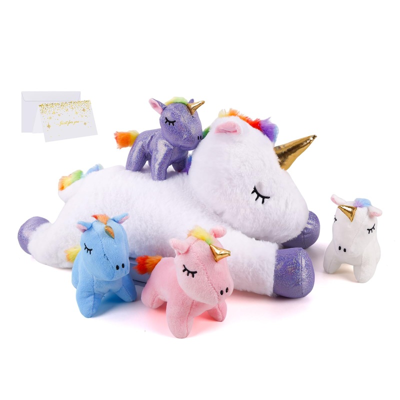 5 Pieces Magical Creature Stuffed Animals For Girls, 1 Big Mommy With 4 Mini Babies, Soft Plush Toys For Kids Ages 3 And Up,Grea