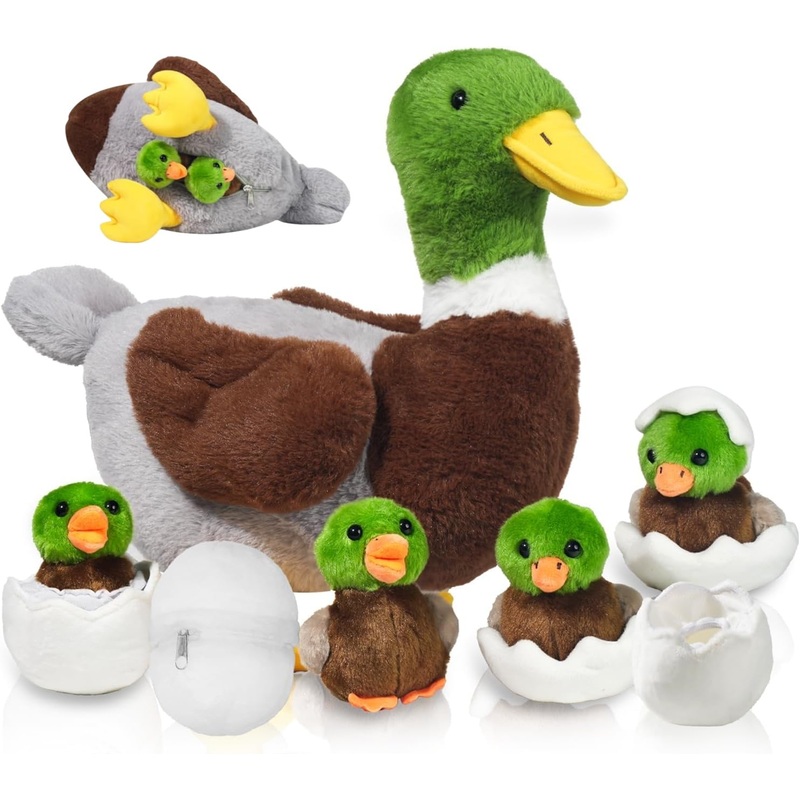 7 In 1 Mallard Duck Stuffed Animals Plush Duck Toys, Zipper Mommy Stuffed Duck Plush With 4 Baby Ducklings Toy And Eggs Duck Plu