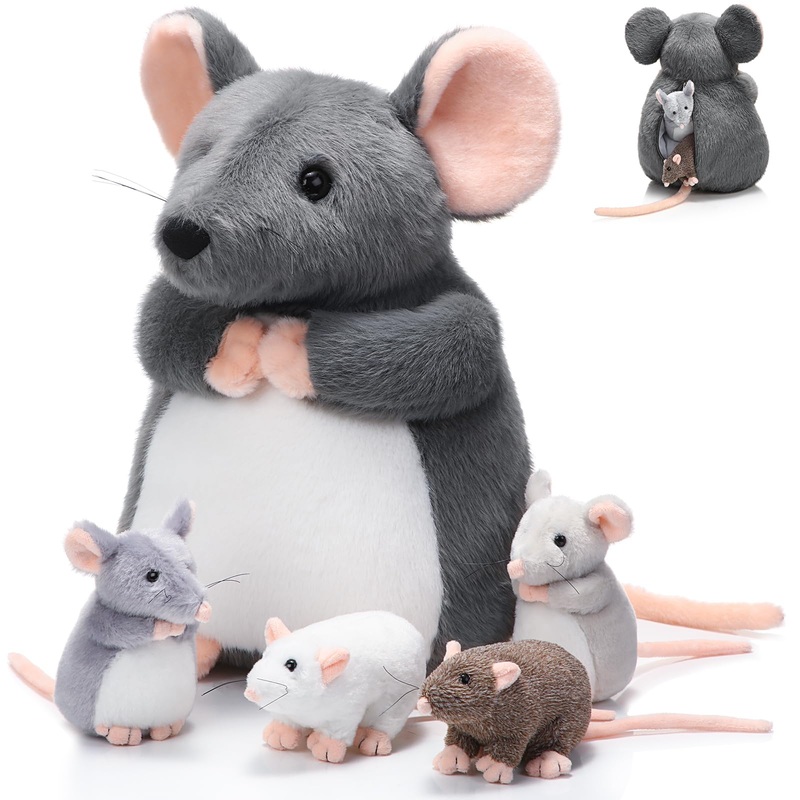 Arrowbash 5 Pcs Mouse Stuffed Animals Set 14'' Large Mommy Rat Plush With 4 Small Mouse Babies In Her Zippered Tummy Stuffed Rat