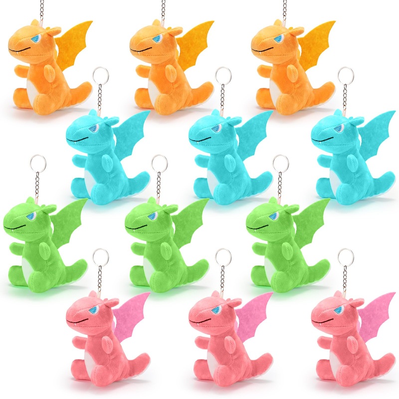 Siifert 12 Pcs Plush Dragon Stuffed Animals Bulk Cute Dinosaur Plush Keychain For Kid Birthday(Bright Color,Cute Style)