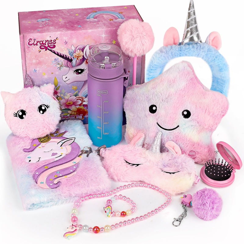 Unicorns Gifts For Girls, Kids Unicorn Toy Set With Light Up Star Pillow/Diary With Lock/Water Bottle/Headband/Eye Mask, Teen Gi