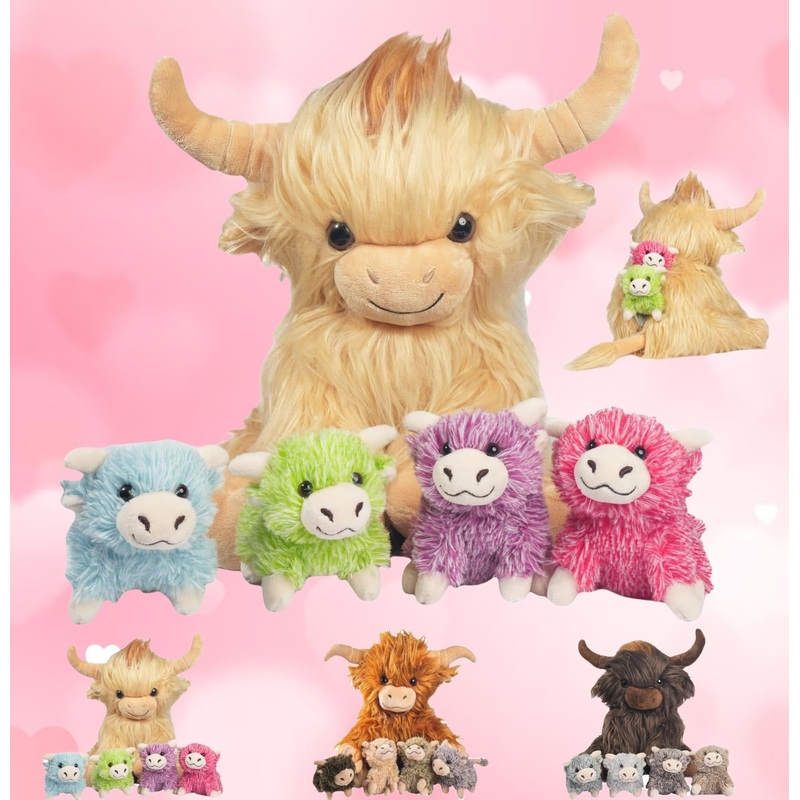 Valentines Day Stuffed Animals Plush Highland Cow Gifts For Kids - 5 Pcs Highland Cow Stuffed Animals With Babies Set, 14'' Momm