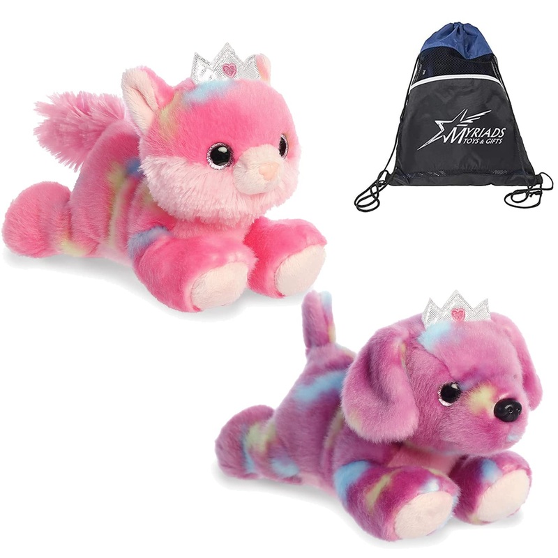 Aurora - Bright Fancies Set Of 2 Plush - 7'' Princess Tutti Puppy And 7'' Princess Frutti Kitty, With Myriads Drawstring Bag