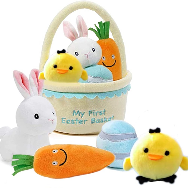 Zrukxh 6 Pcs Easter Basket -My First Easter Basket Stuffed Plush Playset Baby'S First Easter Basket Stuffed Cartoon Bunny Easter