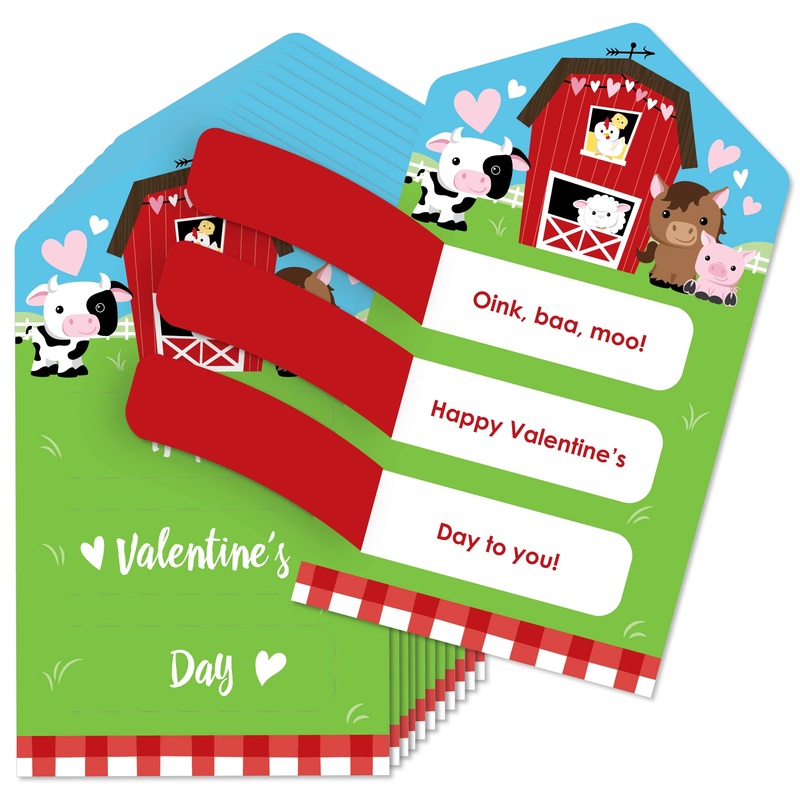Big Dot Of Happiness Farm Animals - Barnyard Cards For Kids - Happy Valentines Day Pull Tabs - Set Of 12