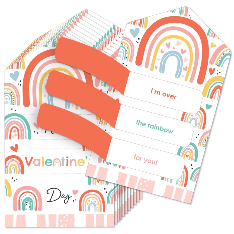 Big Dot Of Happiness Hello Rainbow - Boho Cards For Kids - Happy Valentines Day Pull Tabs - Set Of 12