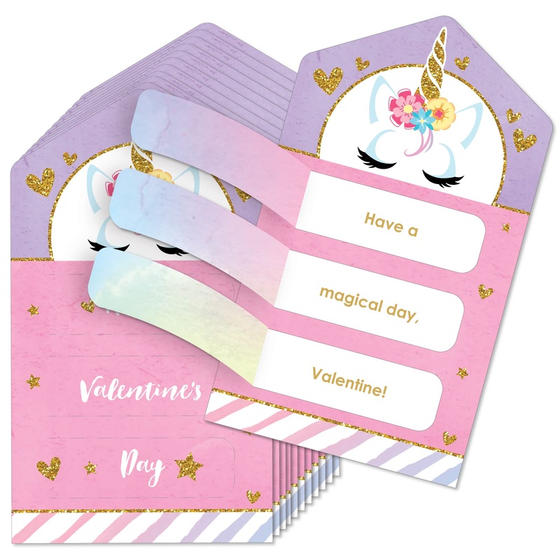 Big Dot Of Happiness Rainbow Unicorn - Magical Unicorn Cards For Kids - Happy Valentines Day Pull Tabs - Set Of 12