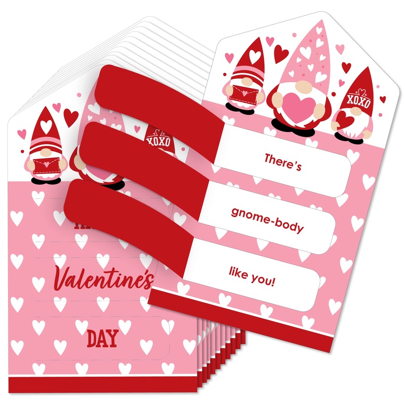 Big Dot Of Happiness Valentine Gnomes - Valentines Day Cards For Kids - Happy Valentines Day Pull Tabs - Set Of 12