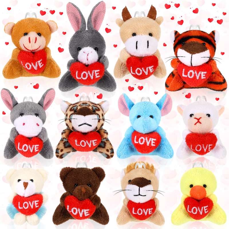 Blueweenly 12 Pcs Valentine'S Exchange Gifts For Kids Valentine Mini Animal Plush Toys Bulk Small Stuffed Animal With Heart Vale