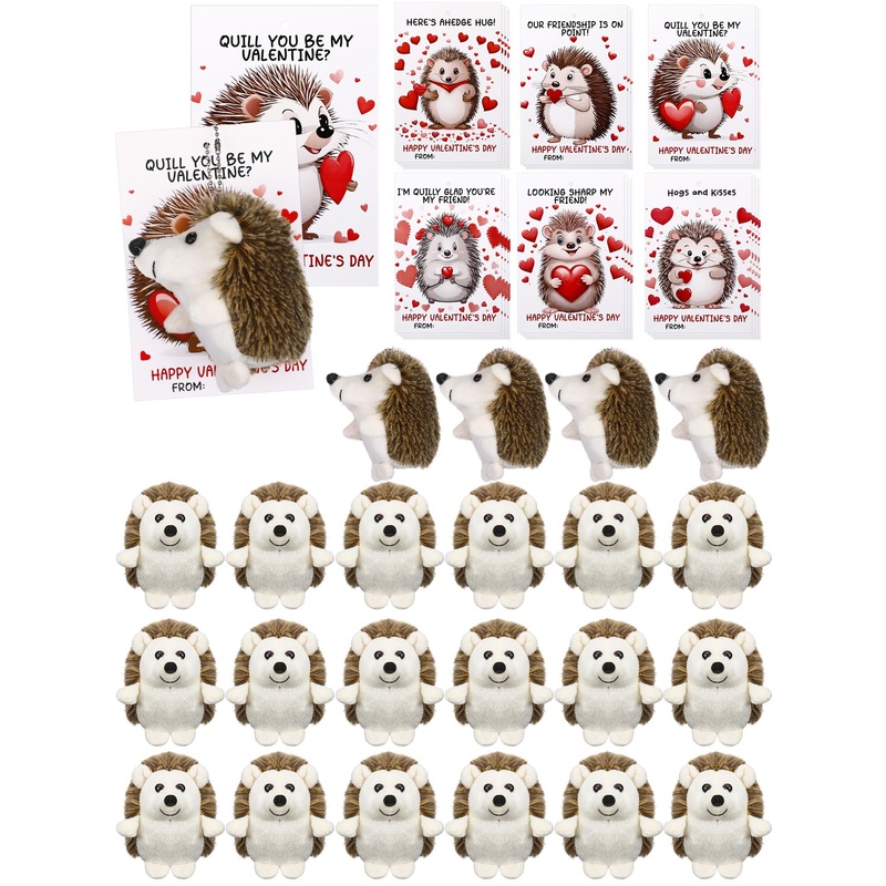 Blueweenly 24 Sets Valentines Day Gifts Mini Hedgehog Stuffs Bulk With Hedgehog Themed Cards Animal Plush Stuffed Keychain Frien