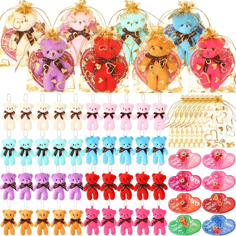 Blueweenly 40 Pack Valentine'S Day Mini Plush Bears With Heart Cards And Organza Bags 4.7 Inch Small Stuffed Bear For Valentine'