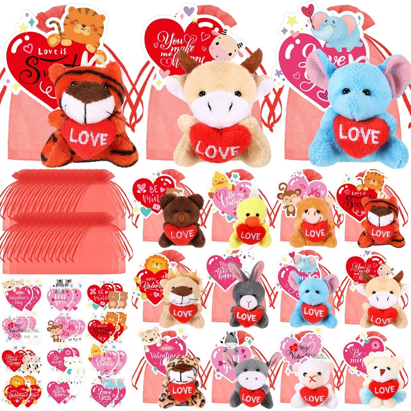 Blueweenly 72 Pcs Valentines Day Gifts For Kids,24 Set Valentines Mini Stuffed Animals Set For Kid Classroom,Valentines Plush An