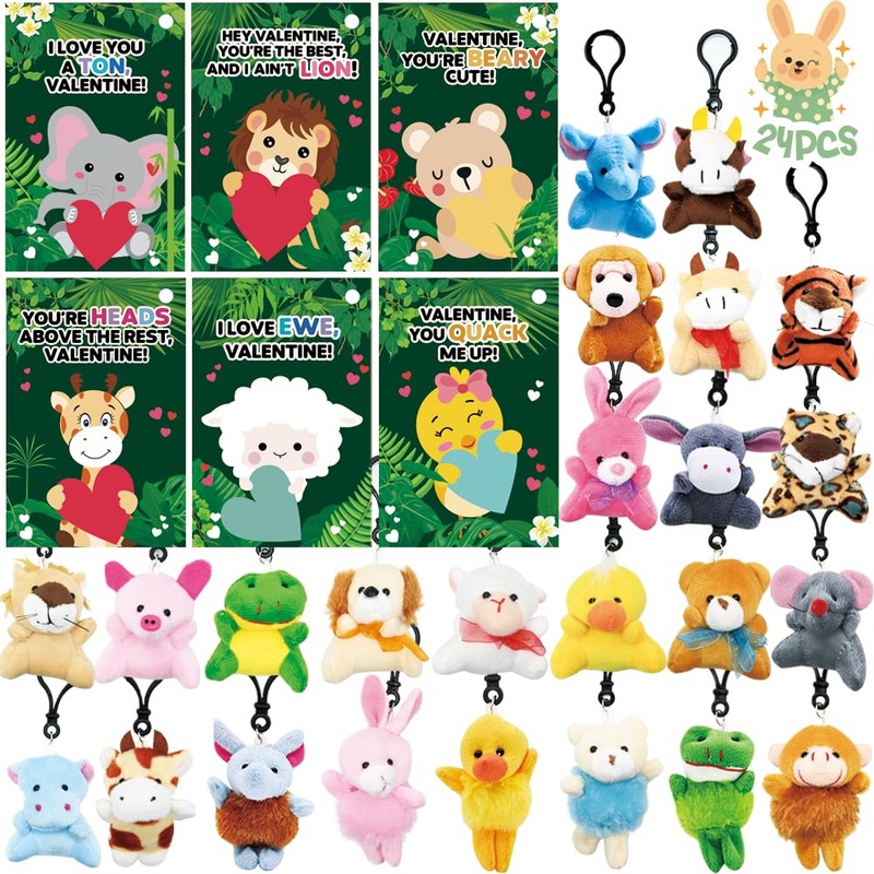 Camirus 24Packs Mini Stuffed Animals Plush Keychain With Valentines Day Cards, Small Tiny Stuffed Keychain Animal Plush Toys For